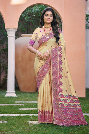 Beige & Pink Woven Silk Saree (ACB2078)