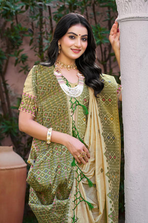 Beige & Green Woven Silk Saree (ACB2079)