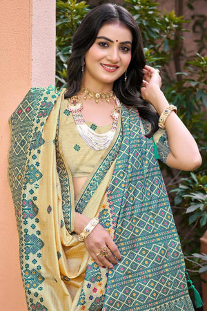 Beige & Teal Blue Woven Silk Saree (ACB2080)