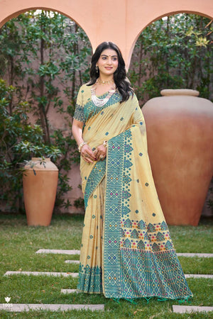 Beige & Teal Blue Woven Silk Saree (ACB2080)