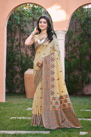 Beige & Wine Woven Silk Saree (ACB2081)