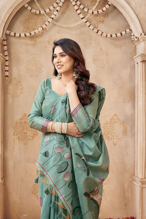 Green Woven with Lotus Design Linen Saree (ACB2082)