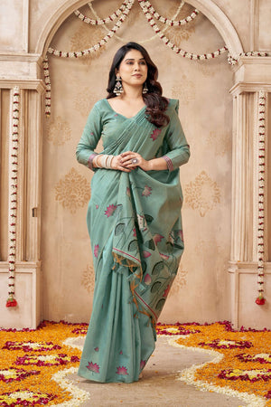 Green Woven with Lotus Design Linen Saree (ACB2082)