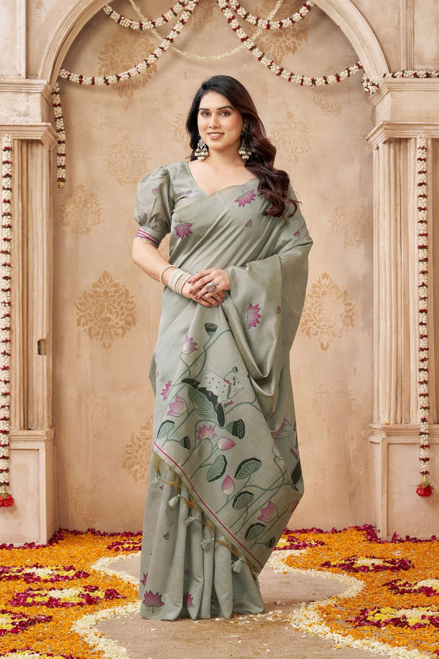 Grey Woven with Lotus Design Linen Saree (ACB2083)