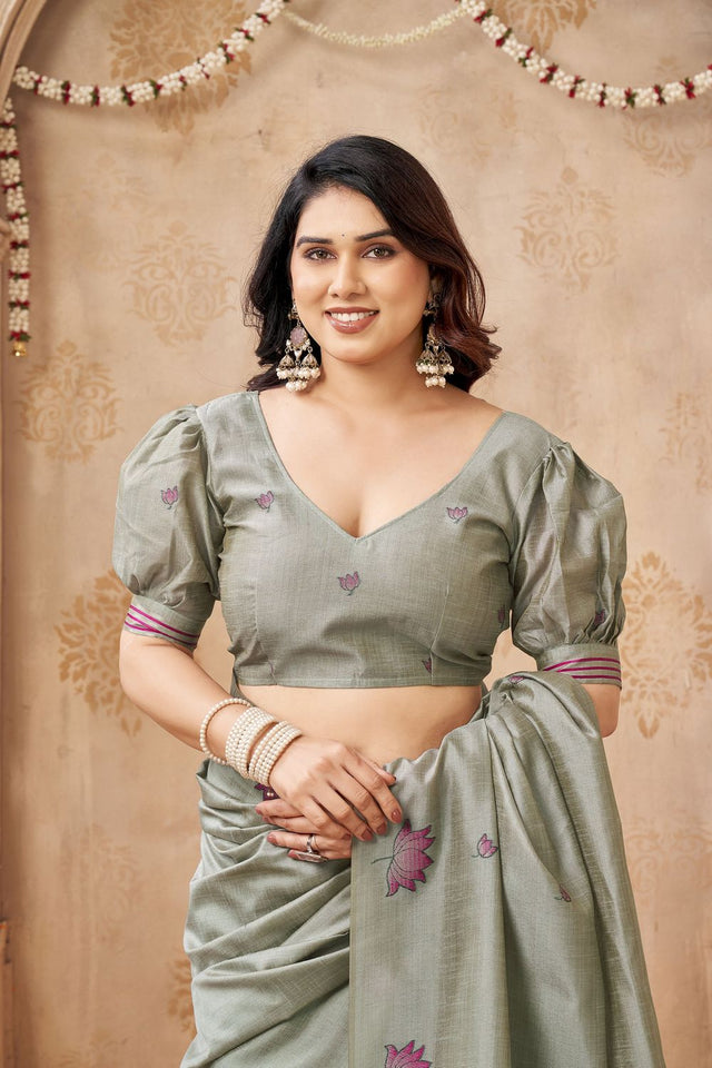 Grey Woven with Lotus Design Linen Saree (ACB2083)