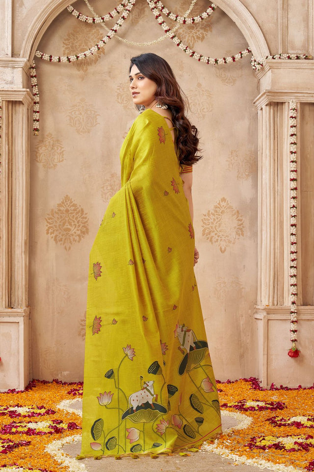 Yellow Woven with Lotus Design Linen Saree (ACB2084)