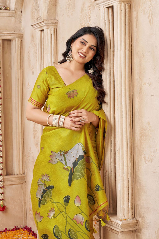 Yellow Woven with Lotus Design Linen Saree (ACB2084)