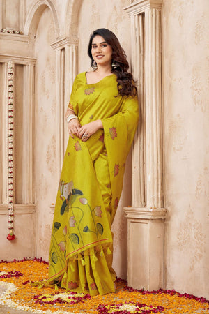 Yellow Woven with Lotus Design Linen Saree (ACB2084)
