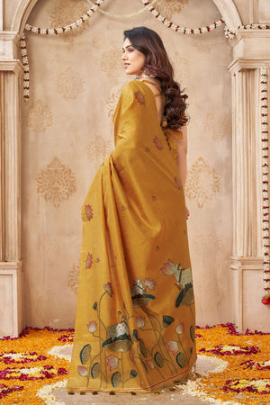 Mustard Woven with Lotus Design Linen Saree (ACB2085)