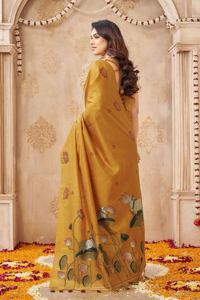 Mustard Woven with Lotus Design Linen Saree (ACB2085)