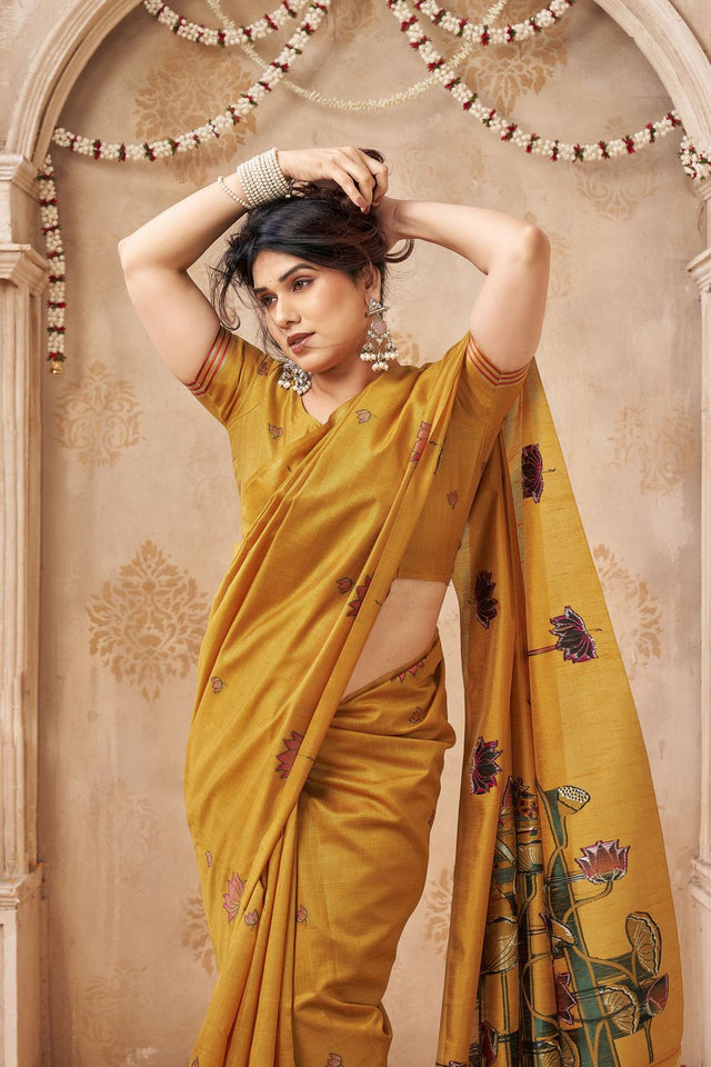 Mustard Woven with Lotus Design Linen Saree (ACB2085)