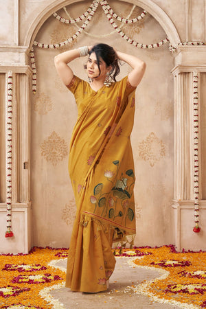 Mustard Woven with Lotus Design Linen Saree (ACB2085)