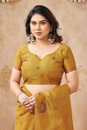 Mustard Woven with Lotus Design Linen Saree (ACB2085)
