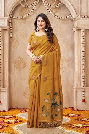 Mustard Woven with Lotus Design Linen Saree (ACB2085)