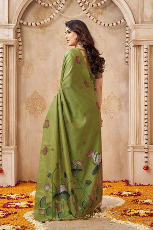 Mehendi Woven with Lotus Design Linen Saree (ACB2086)
