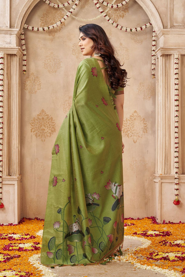 Mehendi Woven with Lotus Design Linen Saree (ACB2086)