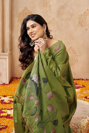 Mehendi Woven with Lotus Design Linen Saree (ACB2086)