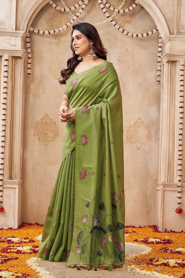 Mehendi Woven with Lotus Design Linen Saree (ACB2086)