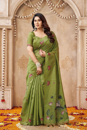Mehendi Woven with Lotus Design Linen Saree (ACB2086)
