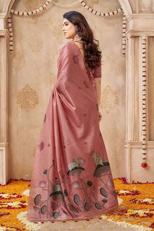 Pink Woven with Lotus Design Linen Saree (ACB2087)