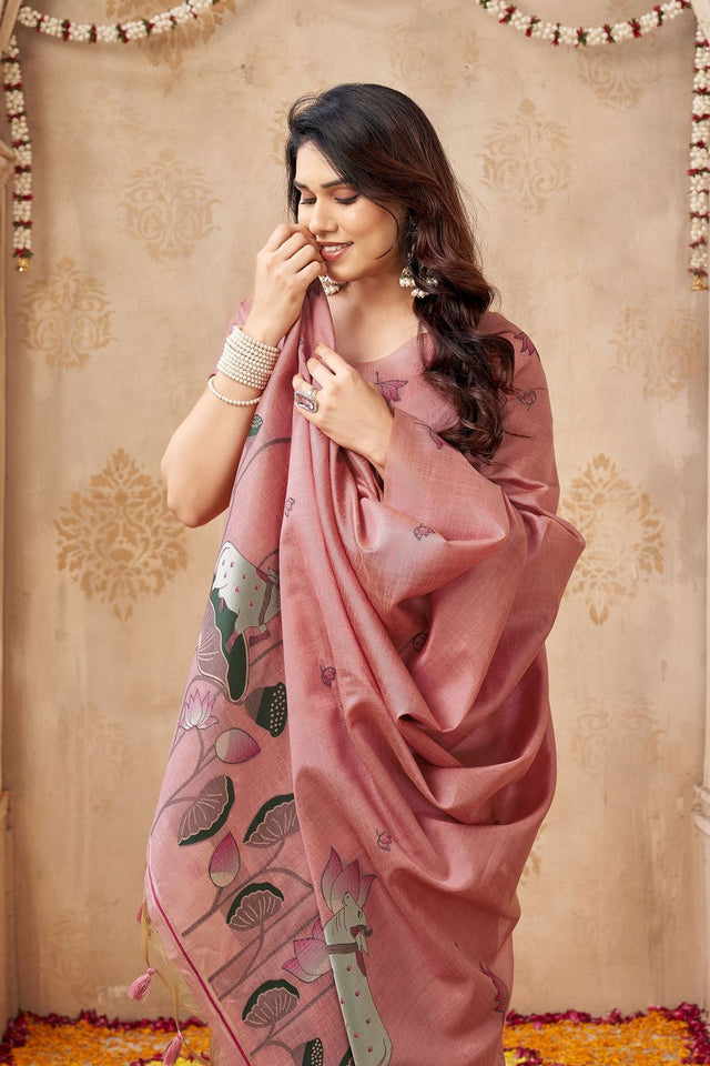 Pink Woven with Lotus Design Linen Saree (ACB2087)