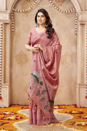 Pink Woven with Lotus Design Linen Saree (ACB2087)