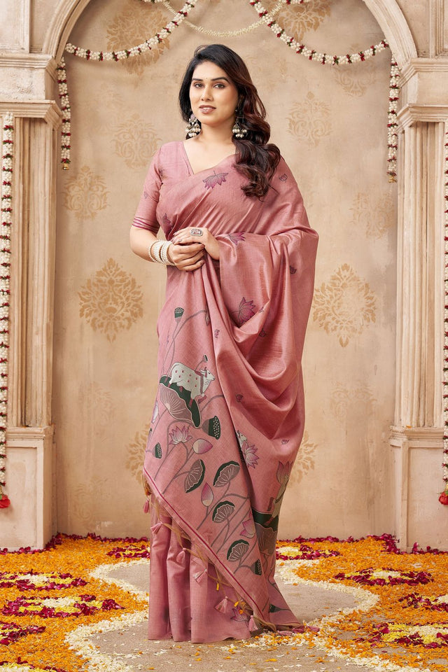 Pink Woven with Lotus Design Linen Saree (ACB2087)