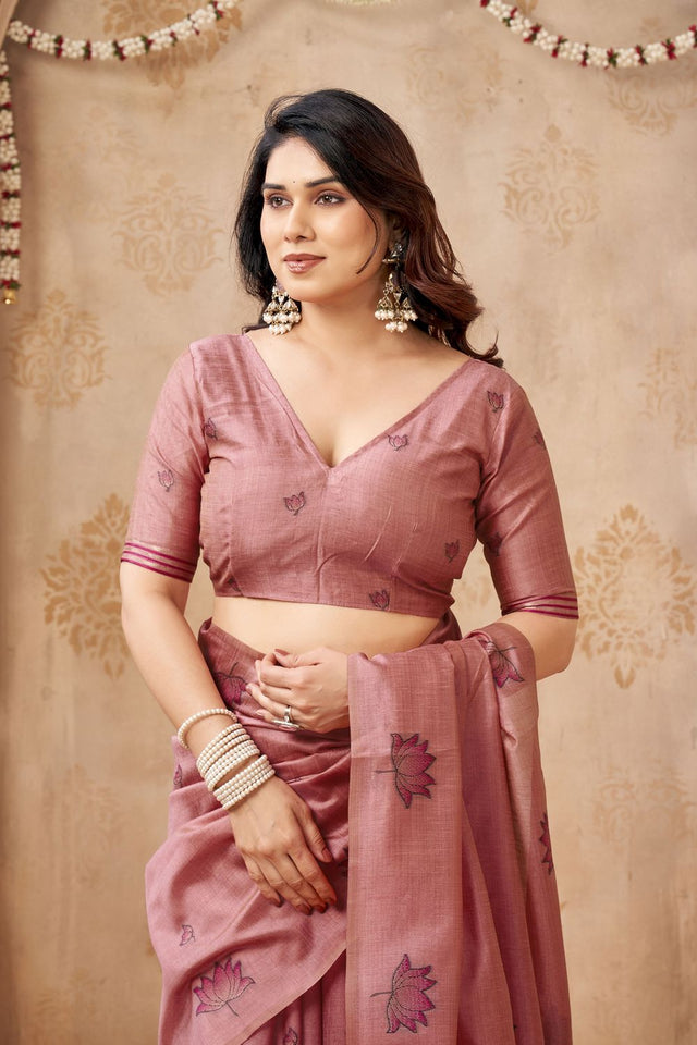 Pink Woven with Lotus Design Linen Saree (ACB2087)