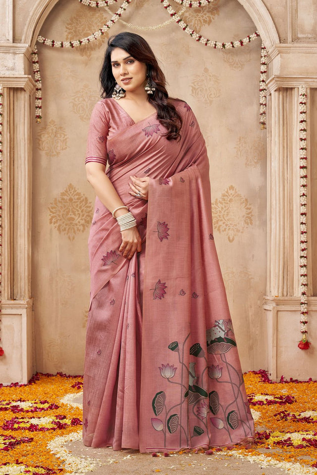 Pink Woven with Lotus Design Linen Saree (ACB2087)