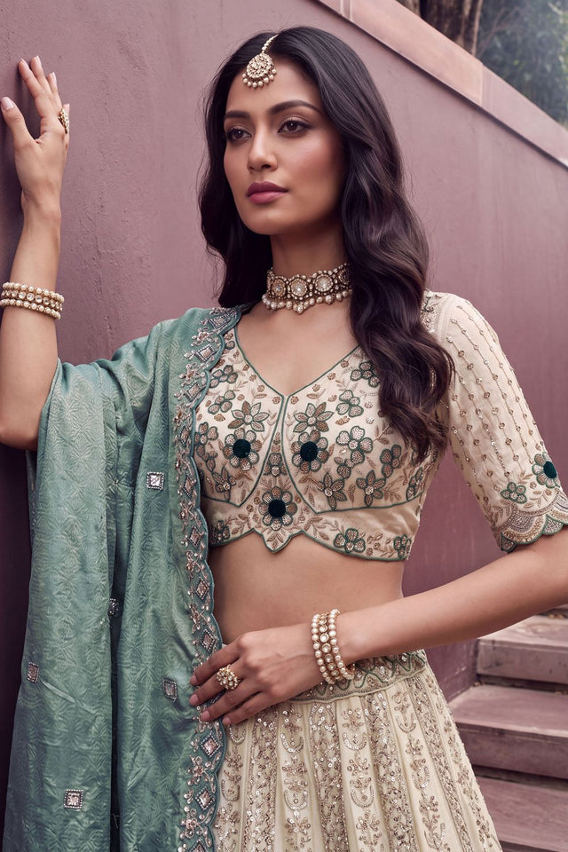 Off White Beads & Sequin with Embroidered Silk Lehenga (ACB2088)
