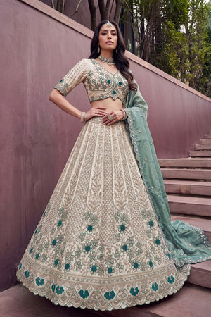 Off White Beads & Sequin with Embroidered Silk Lehenga (ACB2088)
