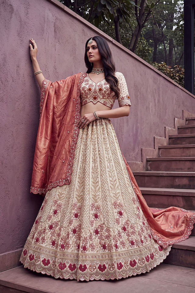 Off White Beads & Sequin with Embroidered Silk Lehenga (ACB2089)