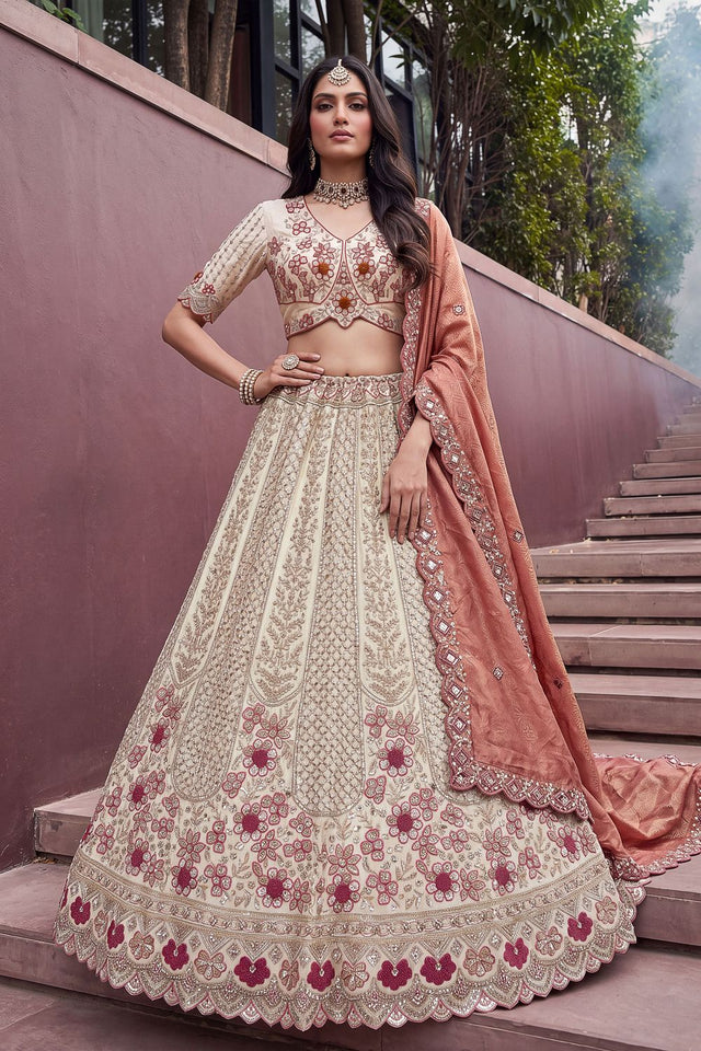 Off White Beads & Sequin with Embroidered Silk Lehenga (ACB2089)