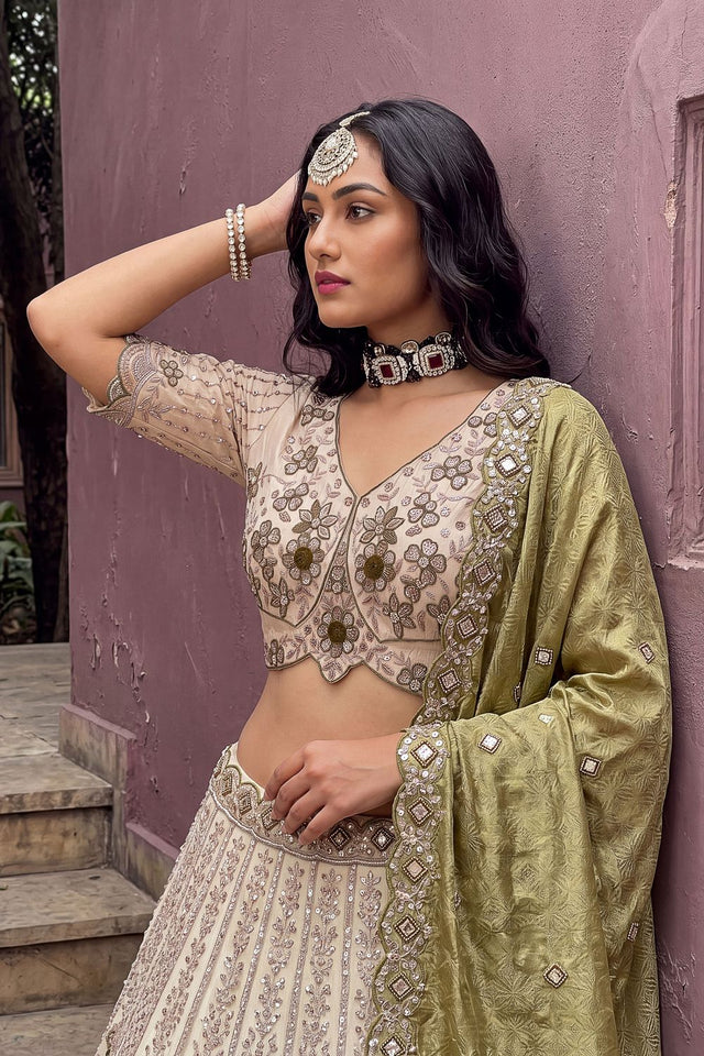 Off White Beads & Sequin with Embroidered Silk Lehenga (ACB2091)