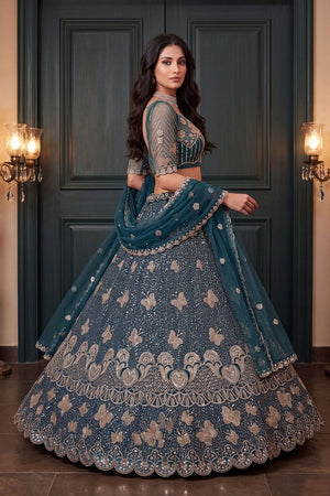 Turquoise Sequin with Embroidered Net Lehenga (ACB2093)
