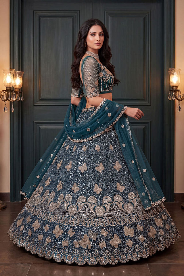 Turquoise Sequin with Embroidered Net Lehenga (ACB2093)