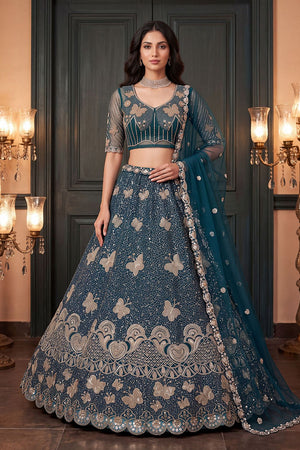 Turquoise Sequin with Embroidered Net Lehenga (ACB2093)