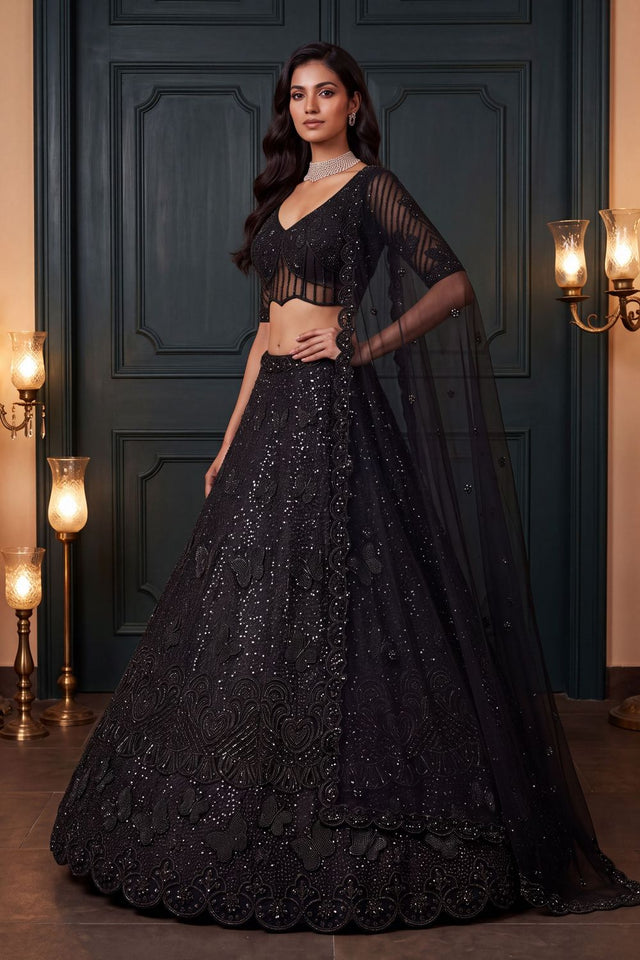 Black Sequin with Embroidered Net Lehenga (ACB2094)