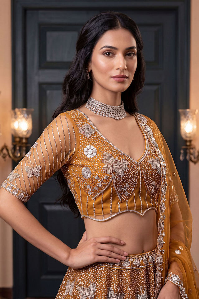 Rust Sequin with Embroidered Net Lehenga (ACB2095)