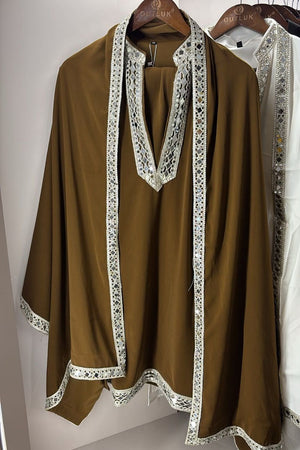 Mens Brown Embroidered with Mirror Work Silk Kurta Pant Set (ACB2096)
