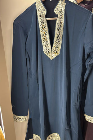 Mens Blue Embroidered with Mirror Work Silk Kurta Pant Set (ACB2097)