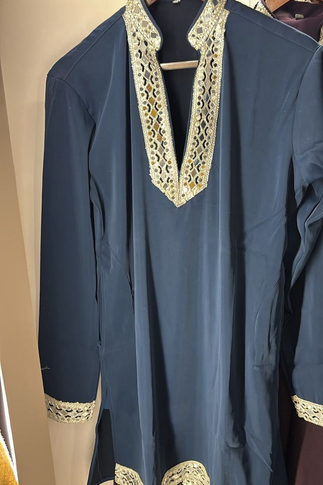 Mens Blue Embroidered with Mirror Work Silk Kurta Pant Set (ACB2097)