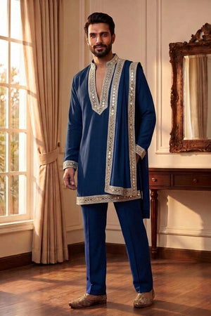 Mens Blue Embroidered with Mirror Work Silk Kurta Pant Set (ACB2097)