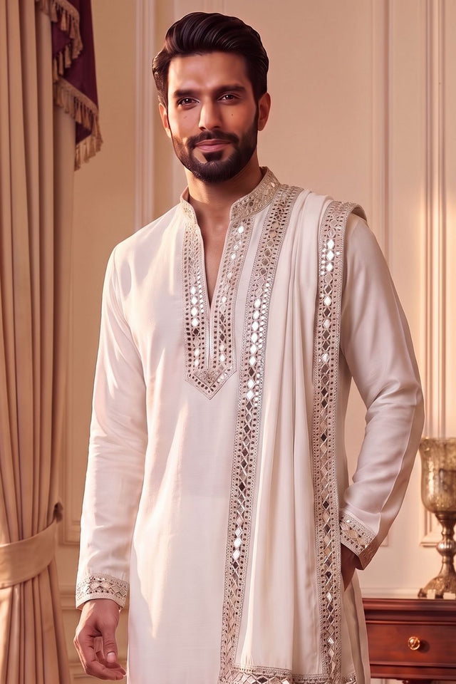 Mens White Embroidered with Mirror Work Silk Kurta Pant Set (ACB2098)
