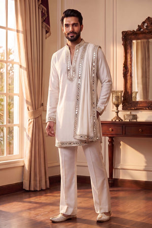 Mens White Embroidered with Mirror Work Silk Kurta Pant Set (ACB2098)