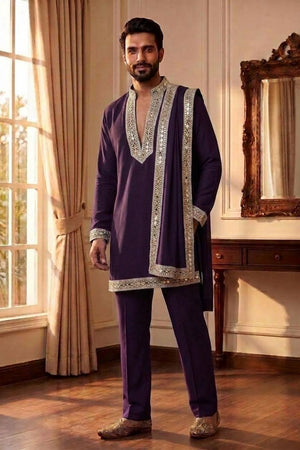 Mens Purple Embroidered with Mirror Work Silk Kurta Pant Set (ACB2099)