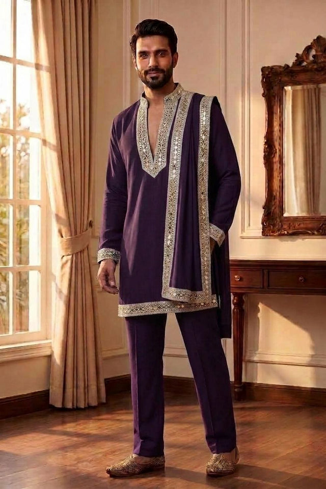 Mens Purple Embroidered with Mirror Work Silk Kurta Pant Set (ACB2099)