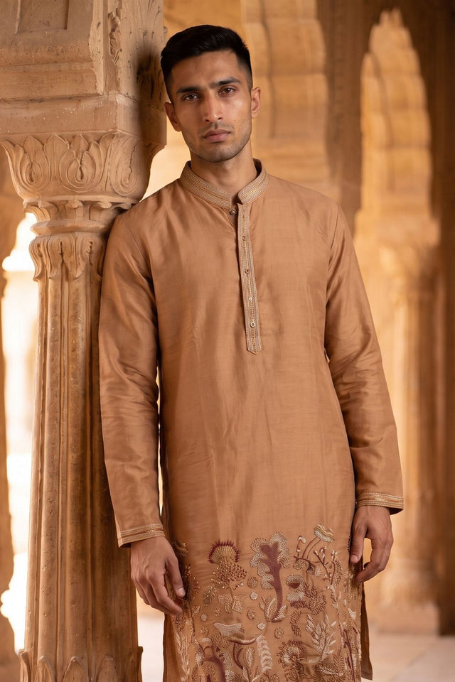 Mens Brown Sequin with Embroidered Linen Kurta Pant Set (ACB2100)