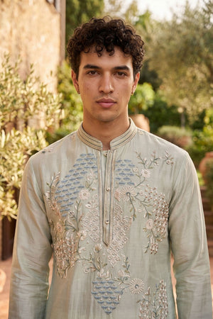 Mens Cream Sequin with Embroidered Tissue Kurta Pant Set (ACB2101)