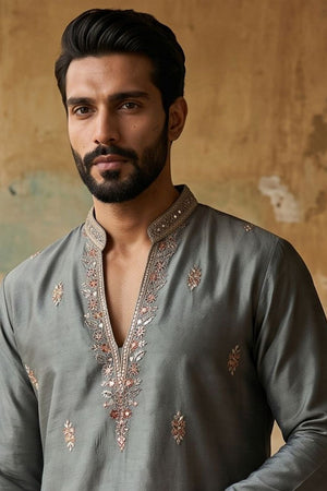Mens Grey Sequin with Embroidered Silk Kurta Pant Set (ACB2102)